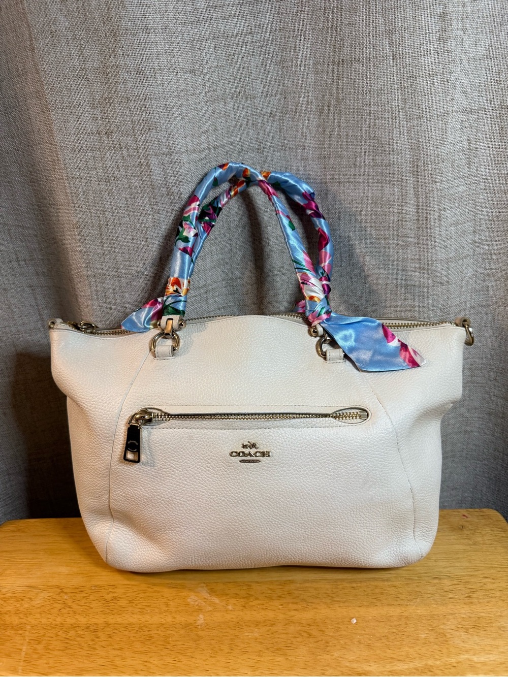 Coach Cream Pebbled Leather Shoulder Tote with Blue Floral Scarf Handles